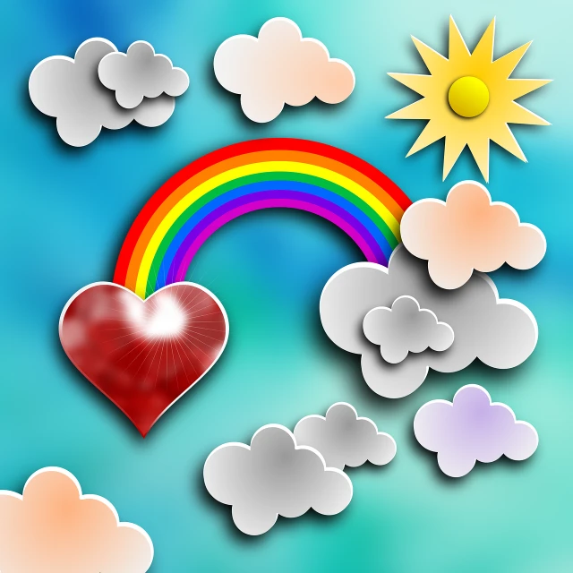 a rainbow in the sky with clouds and a heart, an illustration of, romanticism, set photo, sunbathing. illustration