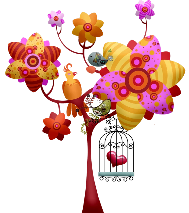 a picture of a tree with birds and flowers, vector art, deviantart contest winner, pink and orange colors, on black background, beautiful composition 3 - d 4 k, cute colorful adorable