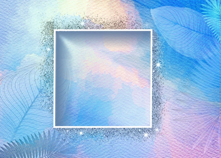 a square frame surrounded by blue and pink leaves, a watercolor painting, art deco, magical sparkling colored dust, background soft blue, pastel colourful 3 d, mirror and glass surfaces