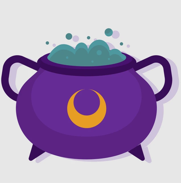 a purple pot sitting on top of a table, concept art, magic spell icon, flat color, boiling imagination in a bowl, on a gray background