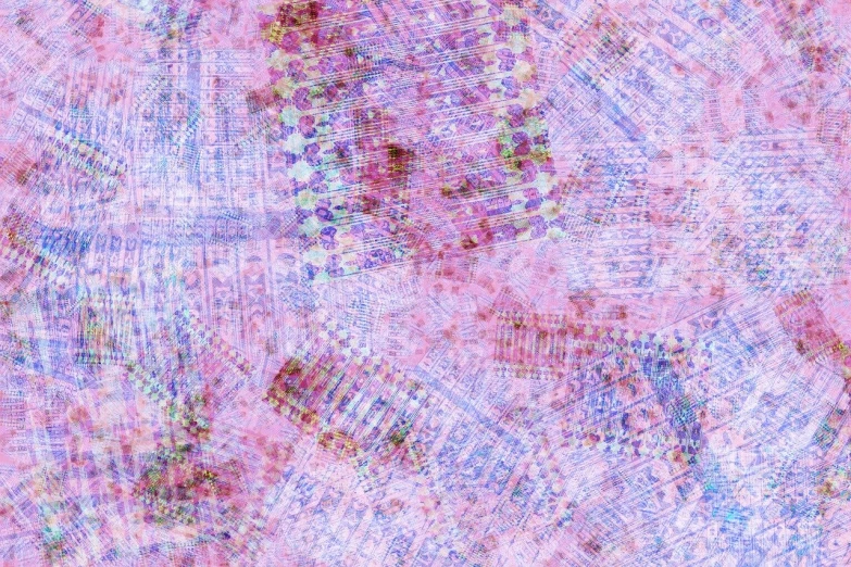 a close up of a pink and blue background, a digital rendering, inspired by Mark Tobey, tumblr, seamless fabric pattern 8k, translucent microchip ornate, detailed color scan”
