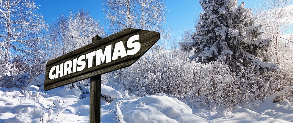 a wooden sign sitting in the middle of a snow covered forest, inspired by Ernest William Christmas, pixabay, santa, with names, festivals, istockphoto