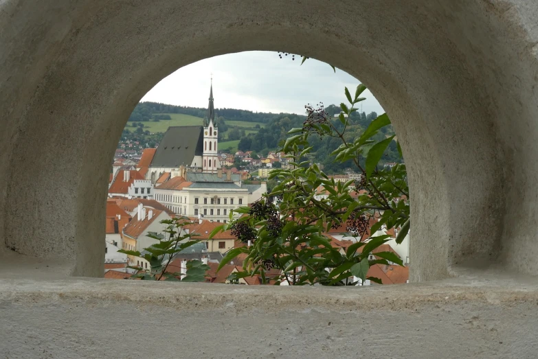 a view of a town through a window, by Erwin Bowien, flickr, gothic arch frame, white buildings with red roofs, with vegetation, lead - covered spire