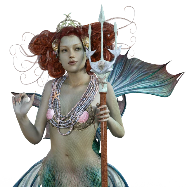 a woman dressed as a mermaid holding a spear, a digital rendering, by Robert Medley, zbrush central contest winner, ultra realistic fantasy tiara, high quality fantasy stock photo, beautiful animal pearl queen, closeup photo