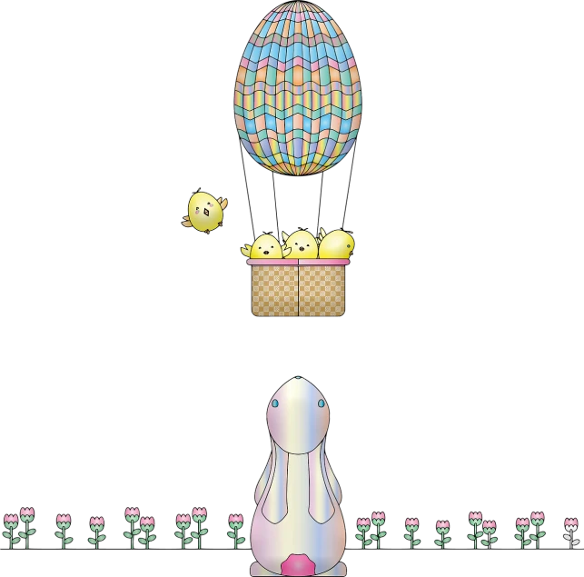 a bunny sitting in front of a basket of eggs, a digital rendering, by Hiroshi Honda, happening, on a flat color black background, blimp, with chicks, [ floating ]!!