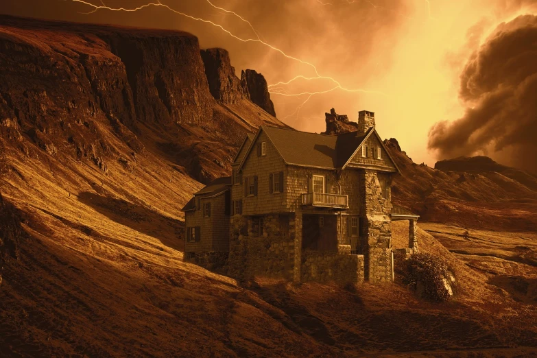 a house sitting on top of a hill under a cloudy sky, a matte painting, inspired by Andreas Achenbach, fire storm, moody gold planet, photo still, horror movie lightning