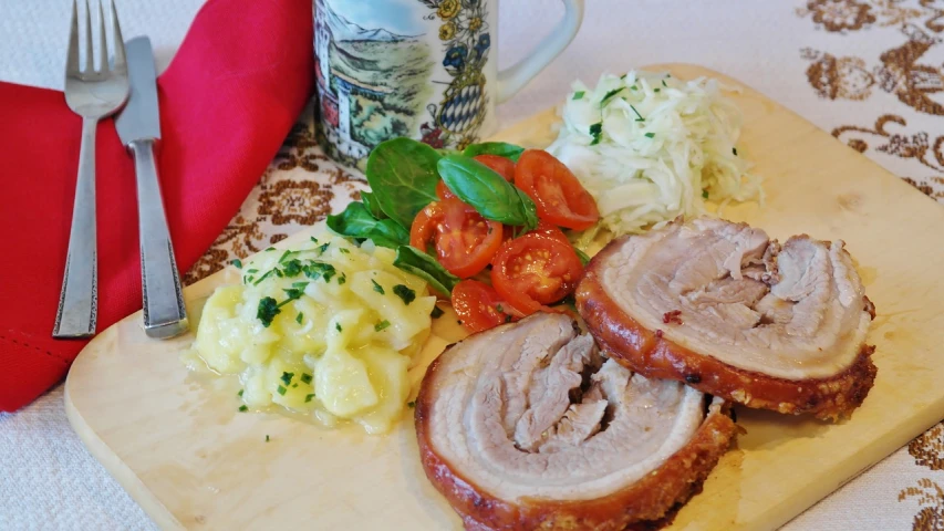 a wooden cutting board topped with meat and vegetables, a picture, inspired by Wlodzimierz Tetmajer, dau-al-set, austro - hungarian, pork, 3 - piece, umamusume