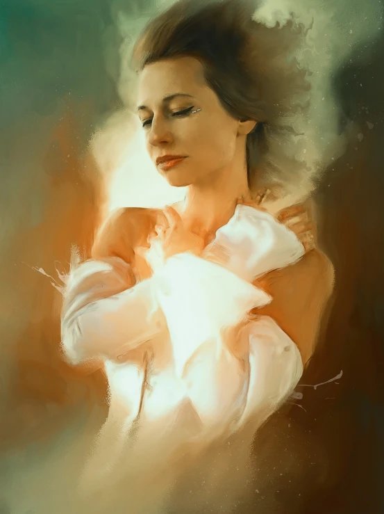 a painting of a woman in a white shirt, a digital painting, inspired by Andrew Law, loving embrace, light glow, wlop painting style, blurred and dreamy illustration