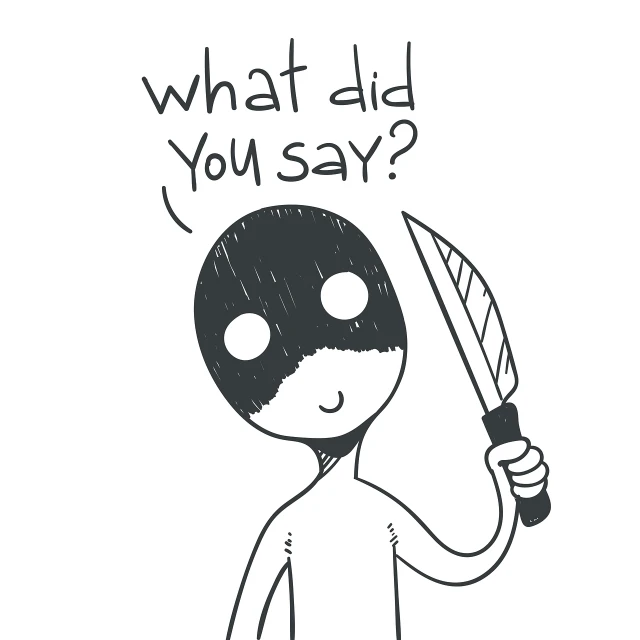 a black and white drawing of a person holding a knife, a comic book panel, inspired by Kawabata Ryūshi, reddit contest winner, weird silly thing with big eyes, wikihow illustration, dialog text, minimalist illustration