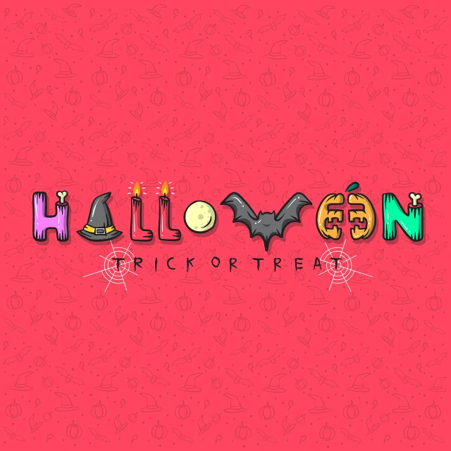 a sign that says halloween trick or treat on a red background, concept art, tumblr, vector line - art style, background image, colorfull illustration, pink and red color style