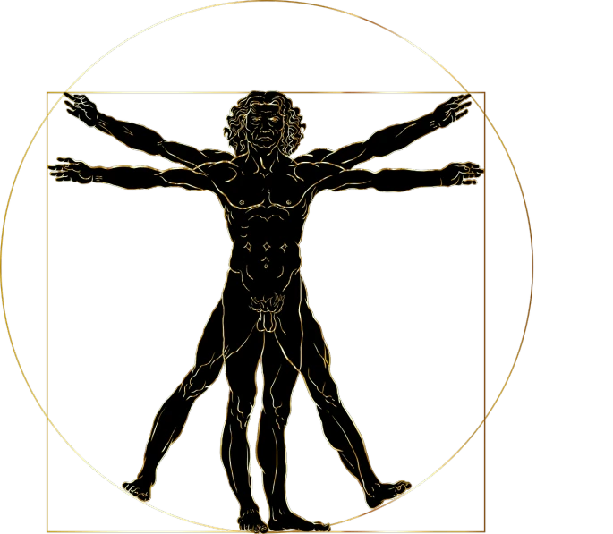 a golden drawing of a man on a black background, a digital rendering, by Leonardo da Vinci, renaissance, the vitruvian man style, hermetic, hyaku. detailed, center of picture