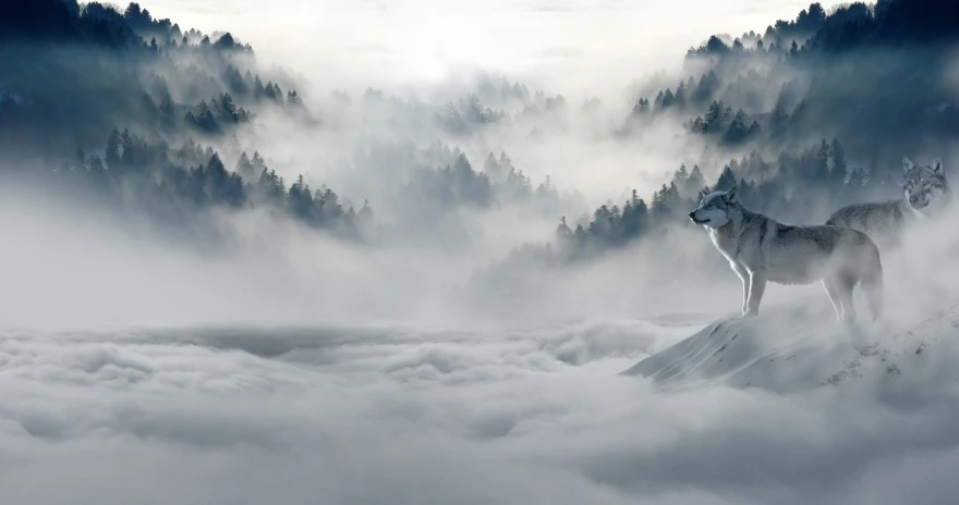a wolf standing on top of a snow covered mountain, a matte painting, by Xu Xi, romanticism, strands of fog, clouds swirling, 5 0 0 px, “ aerial view of a mountain