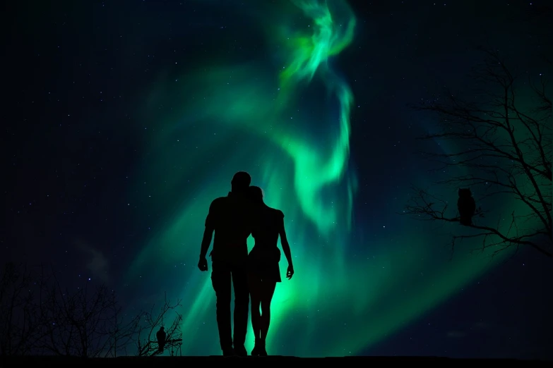 a man and a woman looking at the northern lights, a picture, romanticism, walking toward you, istockphoto, [[fantasy]], silhouette