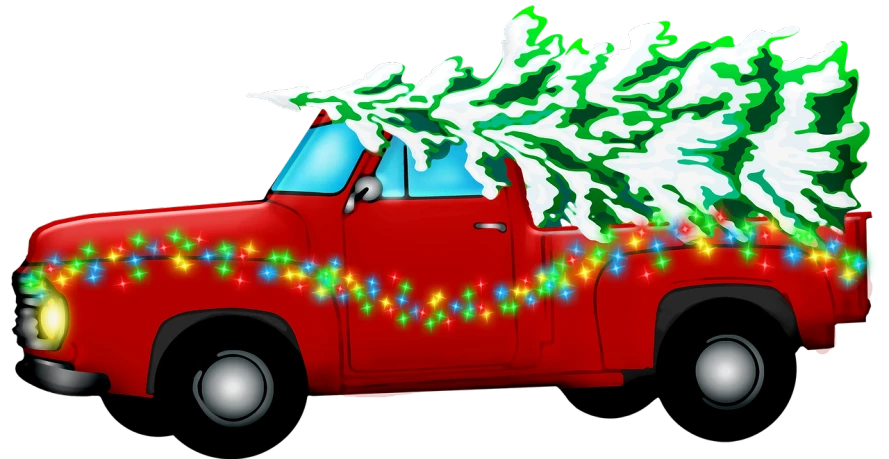 a red truck with a christmas tree on the back, by Arnie Swekel, shutterstock, conceptual art, no gradients, christmas lights, red lightning!!, green pickup car