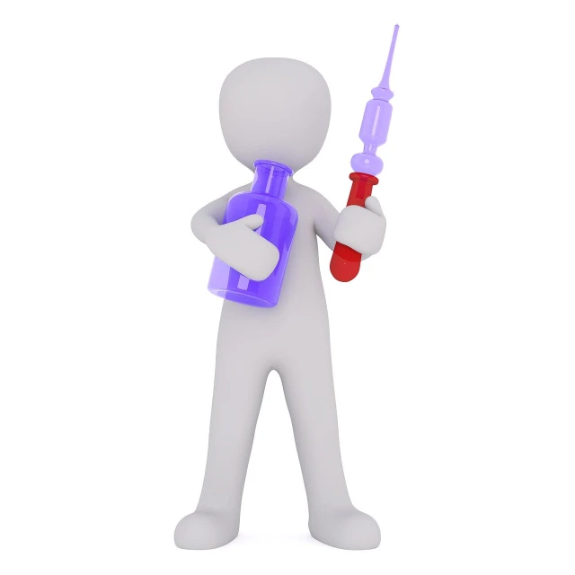 a person holding a bottle and a syssor, a stock photo, plasticien, holding a syringe!!, smoth 3 d illustration, isolated on white background, purple