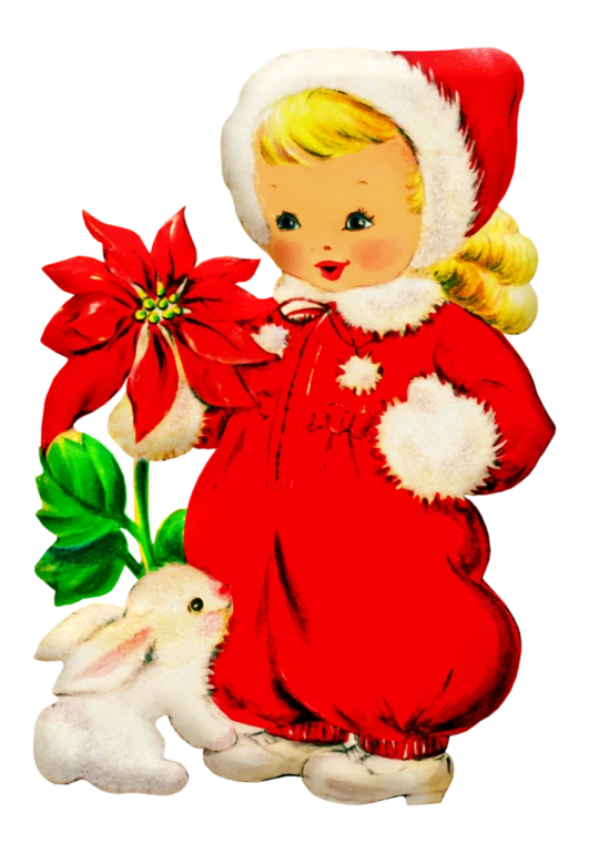 a little girl in a red dress holding a flower, a pastel, folk art, wearing a bunny suit, christmas night, full res, cutout