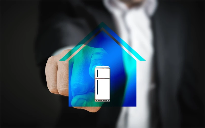 a man in a suit holding a cell phone in his hand, a hologram, by Sam Black, shutterstock, house and home, refrigerator, holding a torch, house background