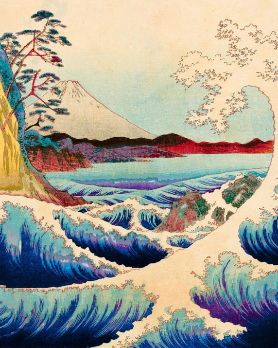 a painting of a body of water with a mountain in the background, shutterstock, ukiyo-e, blue crashing waves, vibrant vivid colors, near the seashore, distant photo
