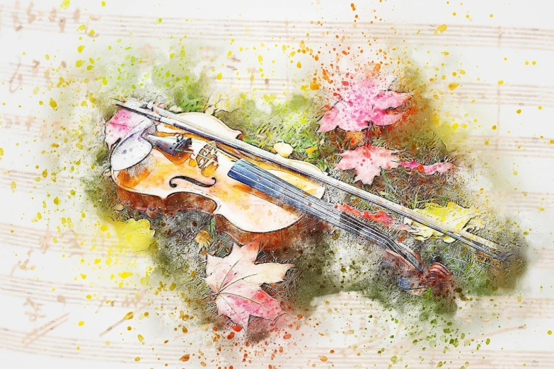 a violin sitting on top of a sheet of music, a watercolor painting, trending on pixabay, autumn season, splash of color, drawn with photoshop, a beautiful artwork illustration