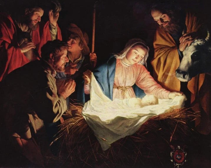 a painting of a baby jesus in a manger surrounded by other people, by Gerald van Honthorst, massurrealism, light, robert hubert, bottom angle, straw