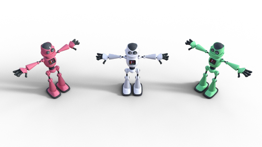 a group of three toy robots standing next to each other, by Andrei Kolkoutine, trending on polycount, 3 d animation demo reel, waving arms, multiple colors, small spot light on robot
