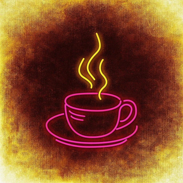 a cup of coffee sitting on top of a saucer, a digital rendering, art deco, neon outline, oil in canvas style, high res photo