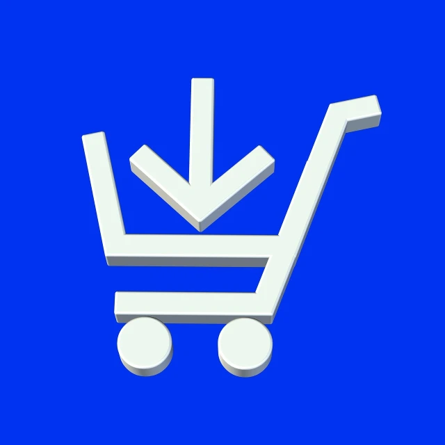 a white shopping cart on a blue background, computer art, arrow, head down, icon, fine image on the store website