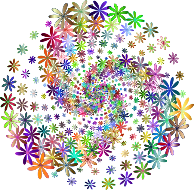 a bunch of colorful flowers on a black background, a digital rendering, inspired by Benoit B. Mandelbrot, trending on pixabay, generative art, pulled into the spiral vortex, lots of flowers, circle design, multicolored vector art