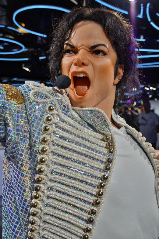 a close up of a person with an open mouth, a hologram, pexels, pop art, michael_jackson, wearing a fancy jacket, wax figure, wwe