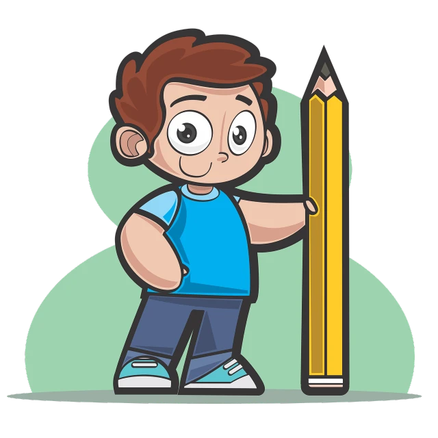 a boy with a pencil in his hand, cartoonish vector style, standing with a black background, eddotorial illustration, mascot illustration