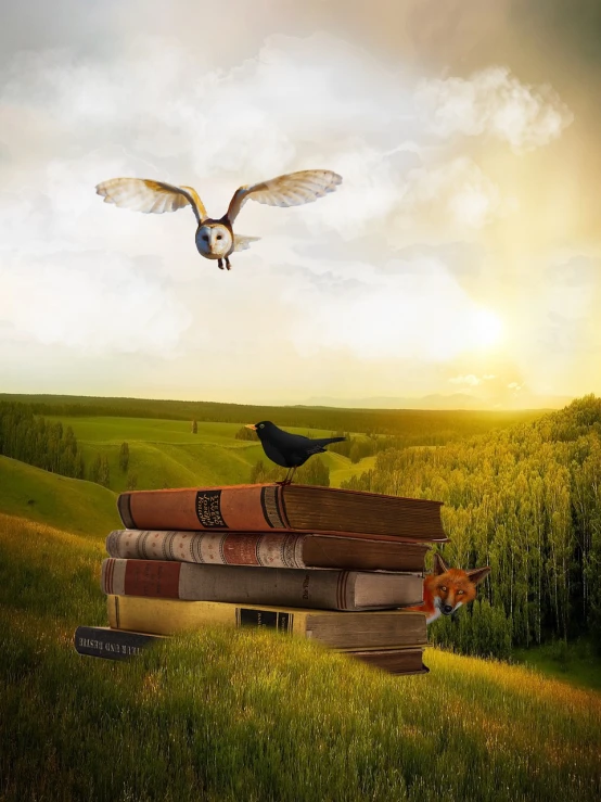 a bird is flying over a stack of books, inspired by Gediminas Pranckevicius, highly realistic photo, meadows, high res photo