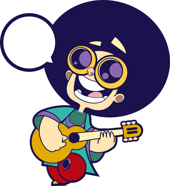 a cartoon character with a guitar and a speech bubble, inspired by Goro Fujita, vanitas, seventies era, with afro, with sunglass, full color illustration