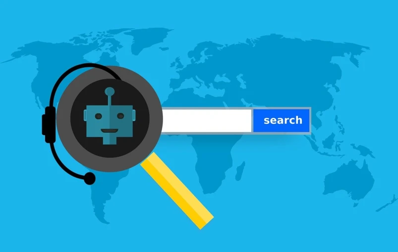 a magnifying magnifying magnifying a search button, an illustration of, by Kurt Roesch, trending on pixabay, ascii art, part robot and part black human, headset, google maps, light-blue