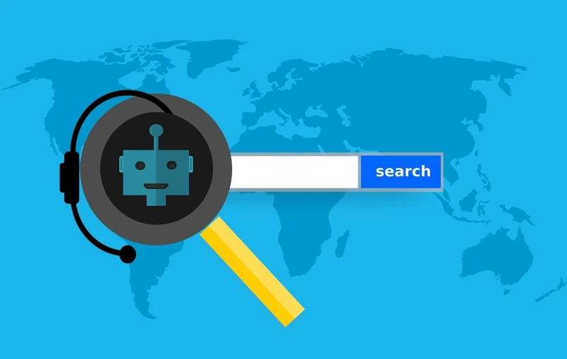 a magnifying magnifying magnifying a search button, an illustration of, by Kurt Roesch, trending on pixabay, ascii art, part robot and part black human, headset, google maps, light-blue