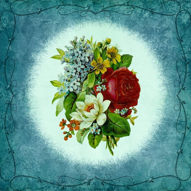 a painting of a bouquet of flowers on a blue background, a digital rendering, inspired by François Boquet, romanticism, filigree frame, julie heffernan, graphic 4 5, rose background