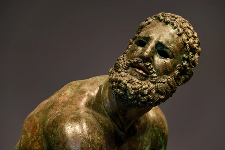 a bronze statue of a man with a beard, inspired by Exekias, flickr, mannerism, medium close - up, dongson bronze artifacts, boxer, intense moment