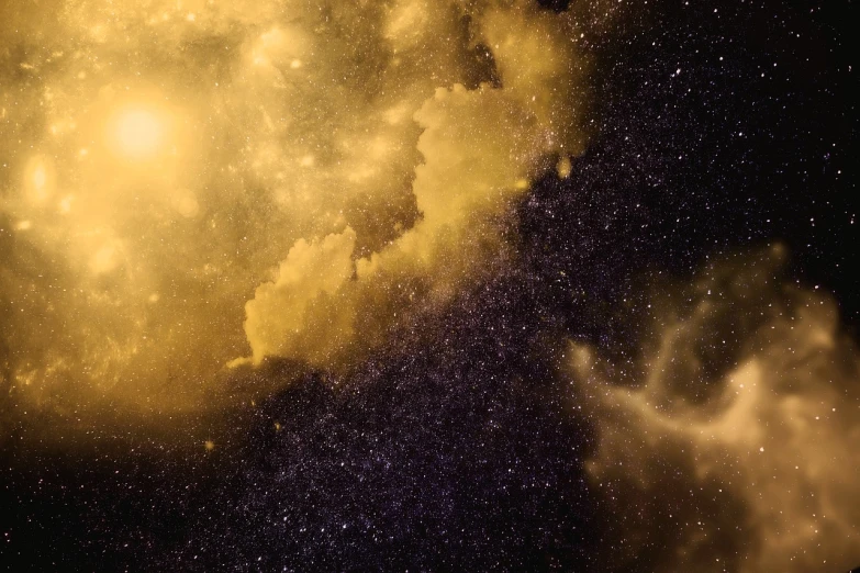 a sky filled with lots of clouds and stars, digital art, light and space, golden mist, set on interstellar space, surreal black and yellow, starless space