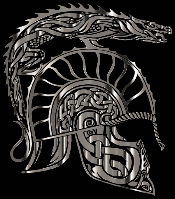 a close up of a helmet on a black background, a digital rendering, inspired by Þórarinn B. Þorláksson, art nouveau, engraved vector, metal dragon tail, detailed vector, vector