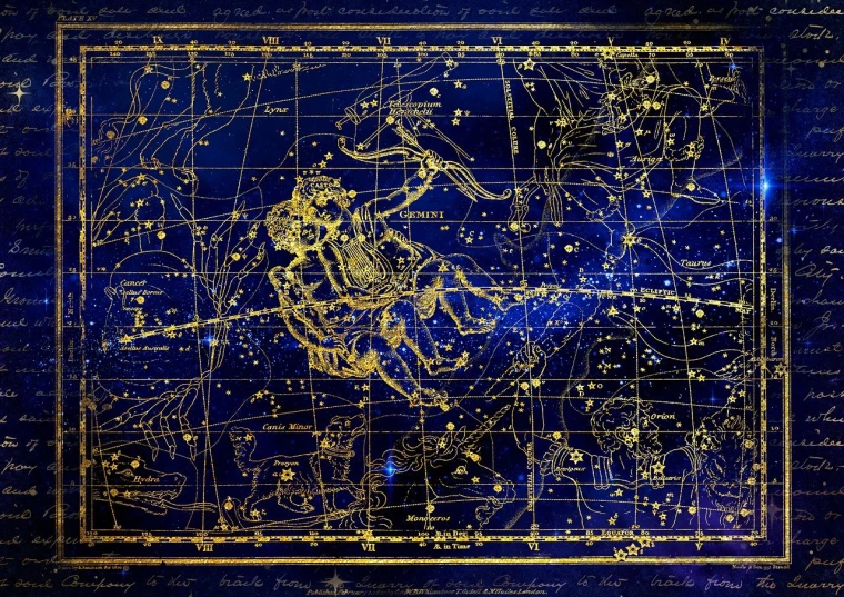 a blue and gold map of the night sky, a digital rendering, by Samuel Scott, hermetic, scorpion, antique, amazing background