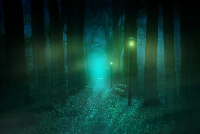 a couple of benches sitting in the middle of a forest, digital art, shutterstock, digital art, streetlight at night, cyan mist, on forest path, pitch darkness around the post