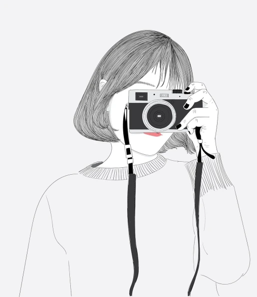 a woman taking a picture with a camera, a picture, by Ayami Kojima, art photography, line art portrait, beautiful drawing style, detailed picture, minimalistic illustration
