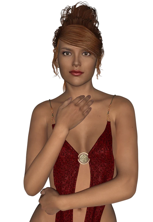 a woman in a red dress posing for a picture, a 3D render, inspired by Constance Gordon-Cumming, cg society contest winner, renaissance, seductive camisole, close up bust shot, maiden with copper hair, shirtless :: high detail