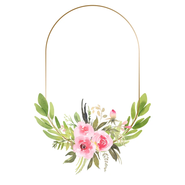 a floral frame with pink flowers and green leaves, a watercolor painting, back arched, made of polished broze, flat color, hanging