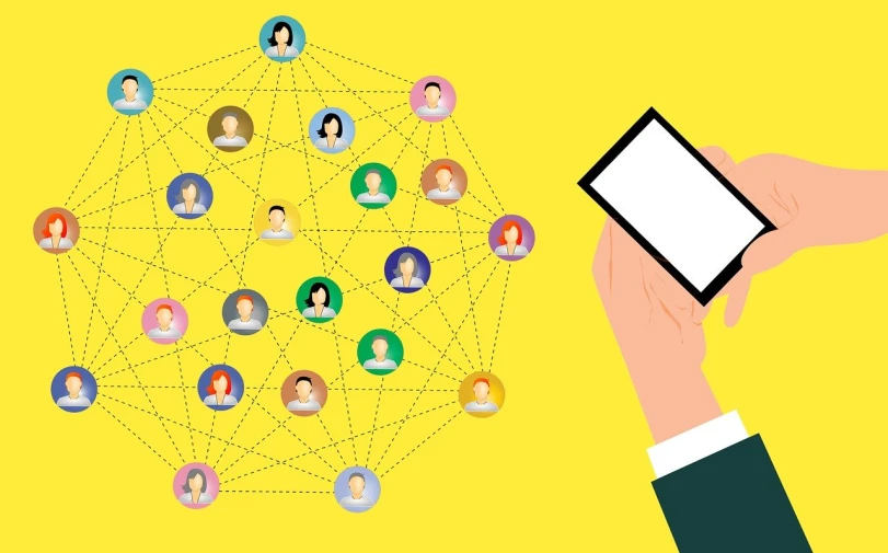 a person holding a smart phone in their hand, a cartoon, trending on pixabay, digital art, immersed within a network, on a yellow canva, groups of people, connecting lines