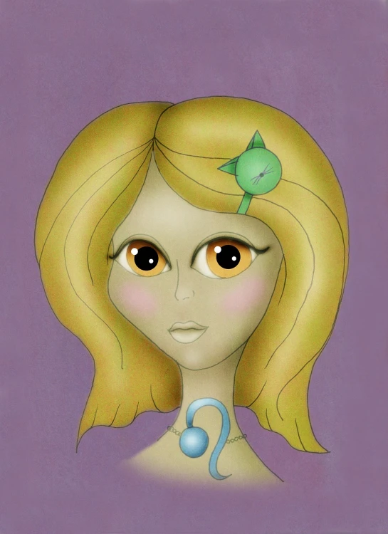 a drawing of a woman with a flower in her hair, a character portrait, inspired by Margaret Keane, trending on deviantart, pop surrealism, lime and violet, 1 9 6 0 s space girl, fantasy duck concept portrait, a blond