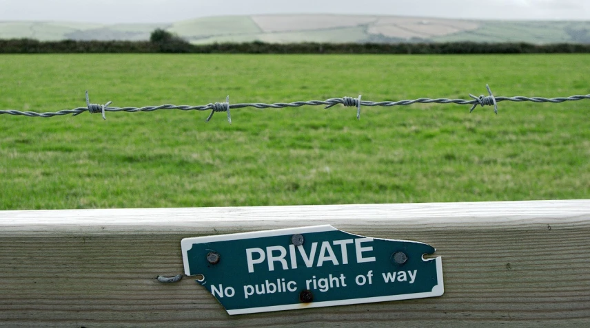 a sign on a fence that says private no public right of way, by Edward Corbett, private press, lush field, sfw, vista view, walkthrough