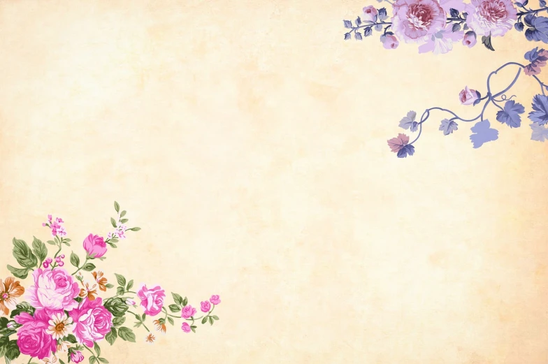 a painting of pink and purple flowers on a beige background, inspired by Yun Shouping, trending on pixabay, corner office background, background image, vintage - w 1 0 2 4, yellowing wallpaper