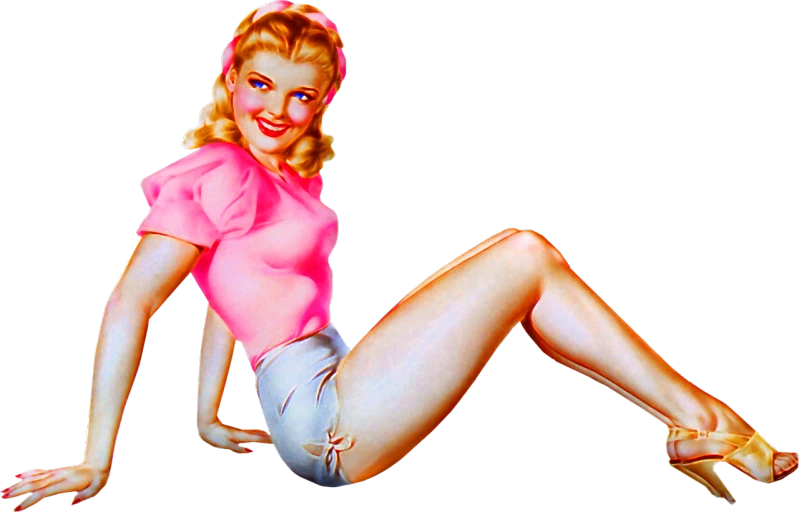 a painting of a woman sitting on the ground, a colorized photo, by Gil Elvgren, pop art, pink girl, pretty face with arms and legs, airbrush style, with a beautifull smile