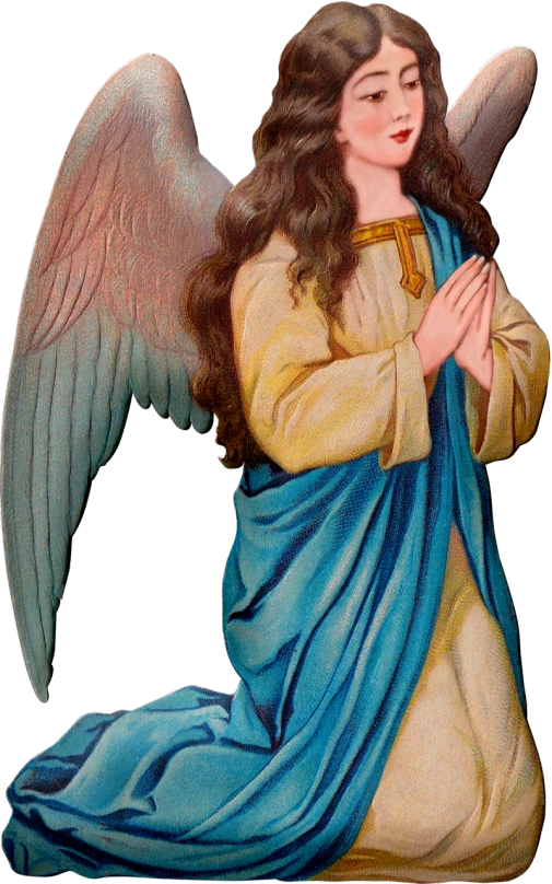 a close up of a statue of an angel, an illustration of, by Evelyn De Morgan, fine art, fully colored, kneeling in prayer, c. r. stecyk iii, he is greeting you warmly