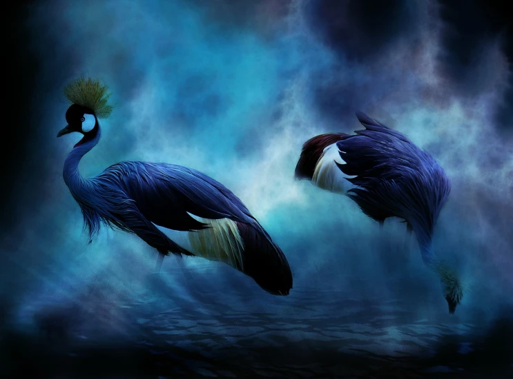 a couple of birds that are standing in the water, pixabay contest winner, fantasy art, rich blue colors, cranes, photobashing, feathers raining